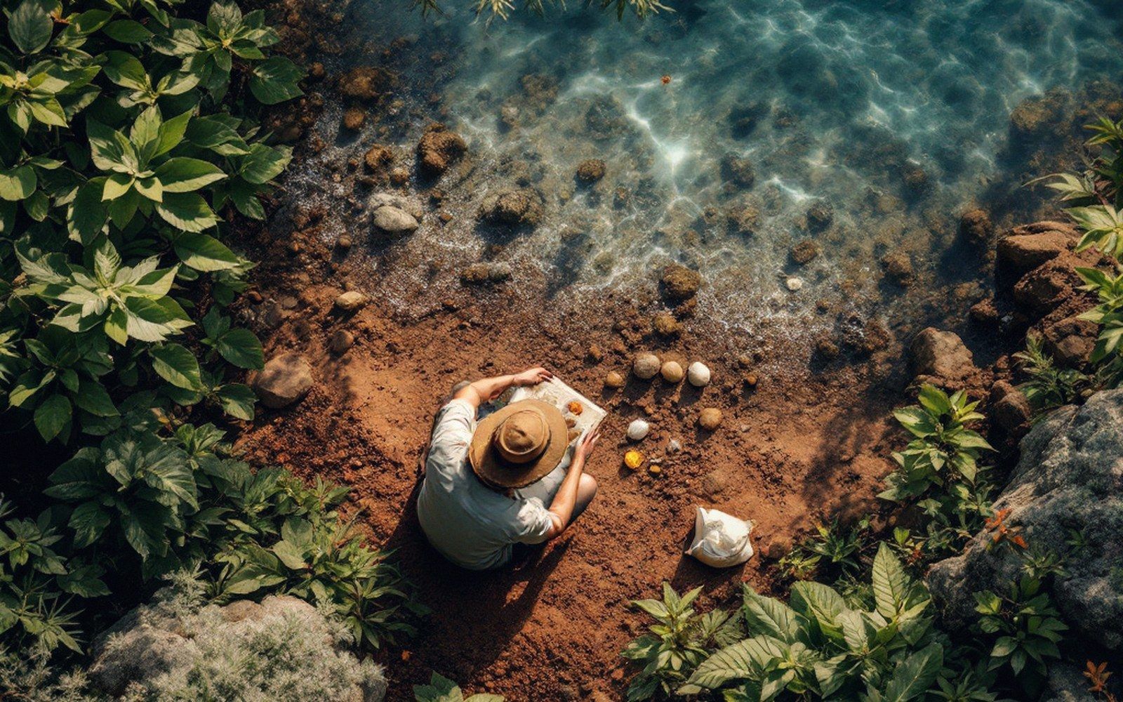 A botanist crouched over a specimen bag in the maquis