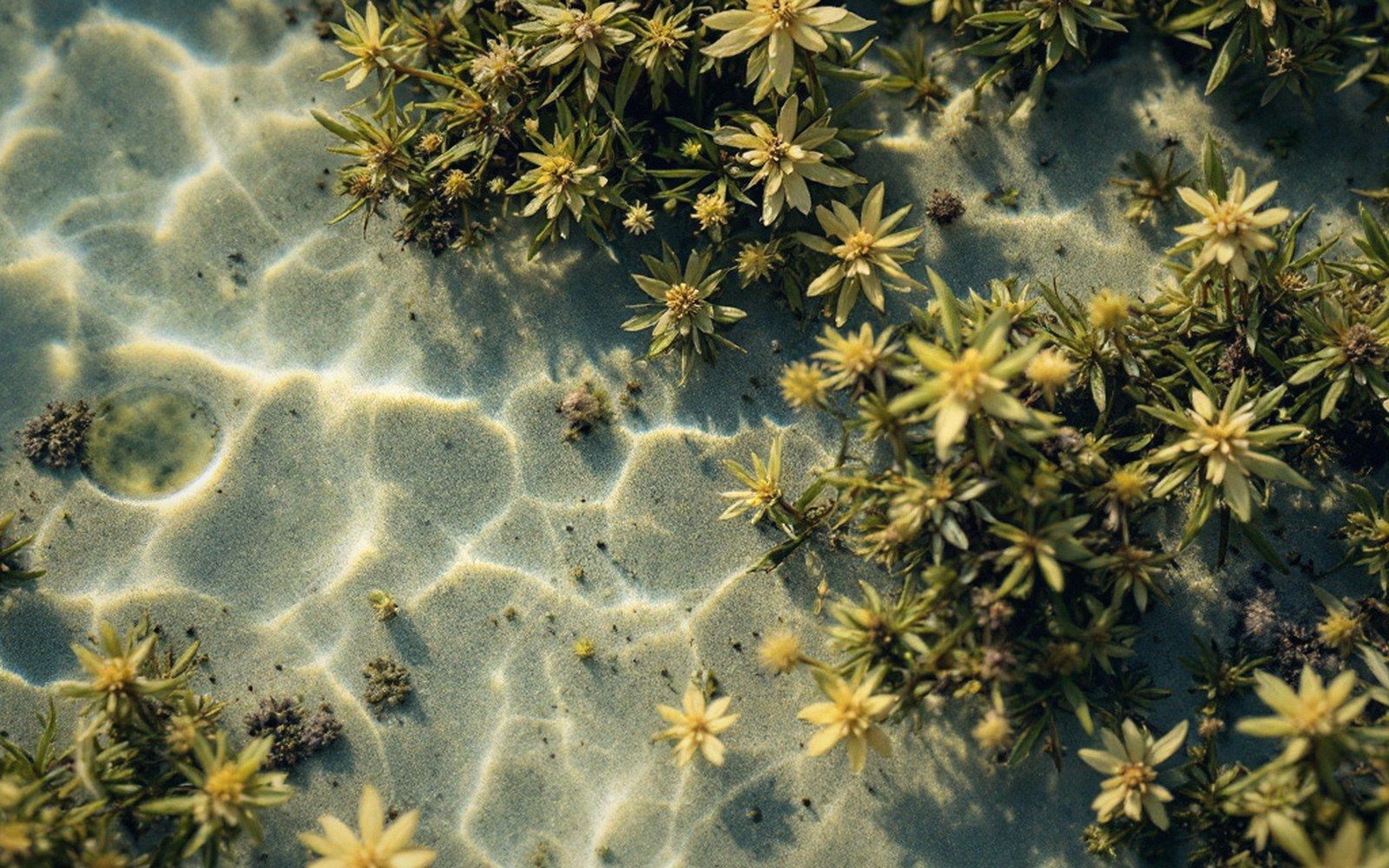 Star-shaped seagrass clusters grow across rippled sand on a shallow lagoon floor