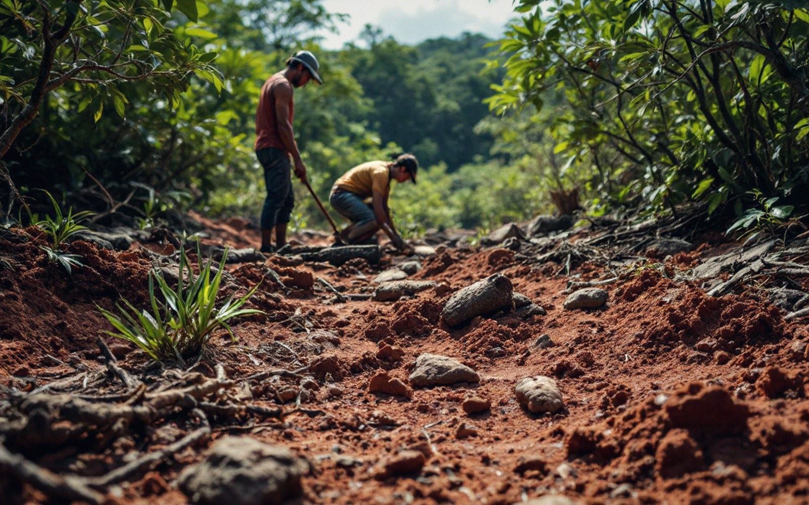 Two workers dig into red laterite soil on a forested hillside