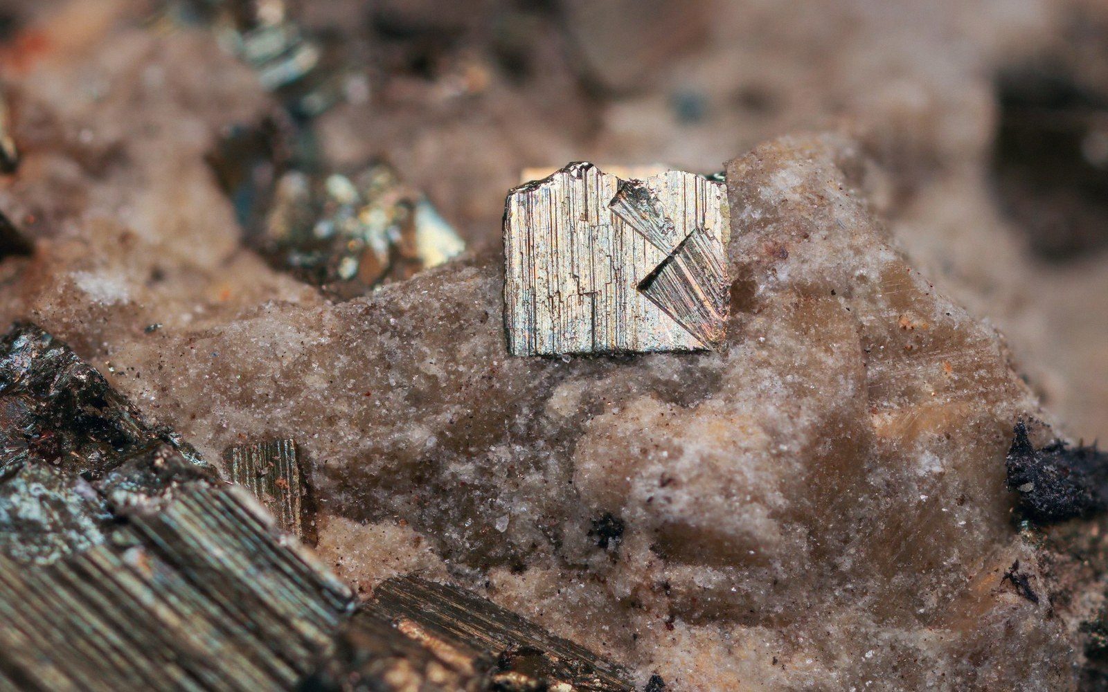 Cube-shaped pyrite crystal with striated faces embedded in a pale mineral matrix