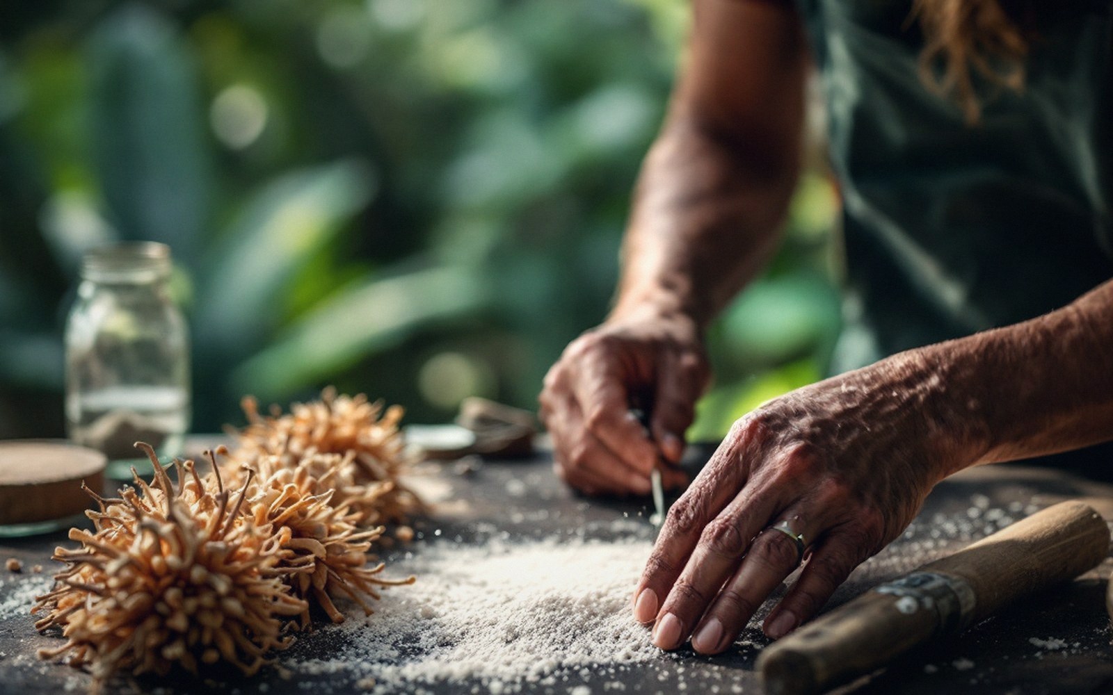 Hands sift powder near dried seed pods on an outdoor wooden table